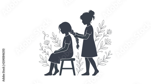 Картината върху платно Sisters braiding hair, silhouette, friendship, childhood, floral background