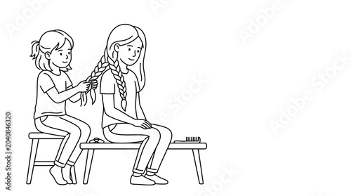 Картината върху платно Sisters braiding hair, childhood friendship, simple line art illustration