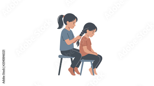 Foto Sisters braiding hair, childhood bonding, everyday life, illustration