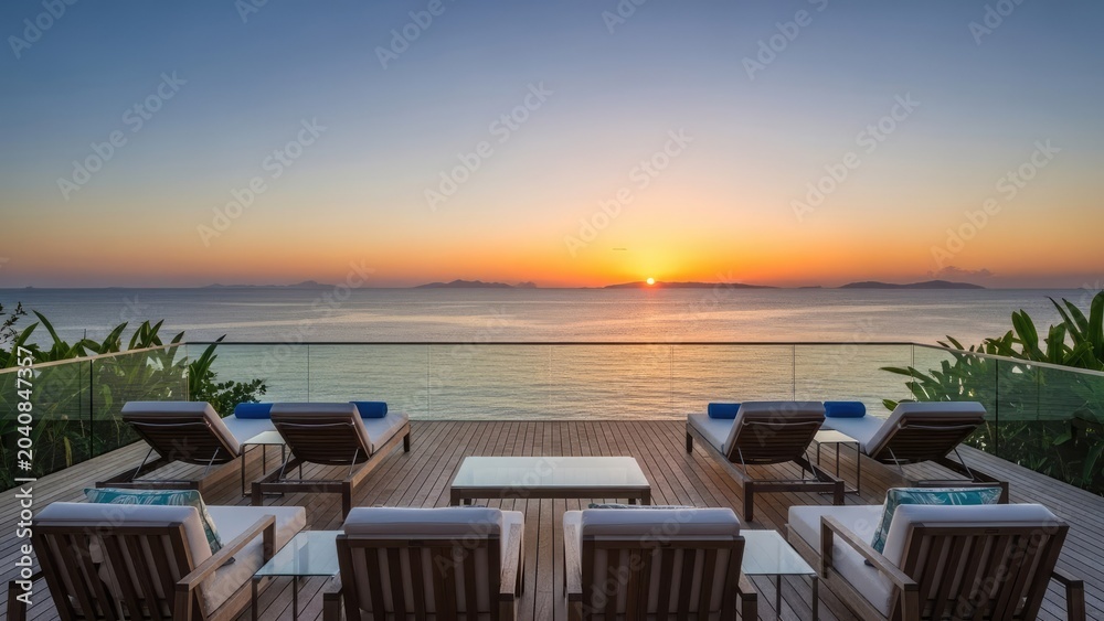 Fototapeta premium Luxury wooden deck with ocean view at sunset.