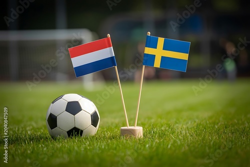 Netherlands vs sweden soccer flags and ball on green field