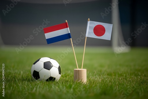 Netherlands and japan flags with soccer ball on green field