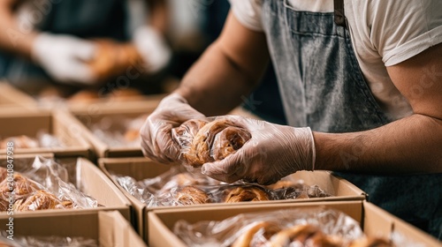Baker hands in gloves carefully placing pastries into boxed packaging