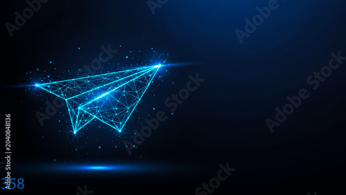 A futuristic paper airplane with illuminated blue lines and nodes, set against a sleek dark background, symbolizing technology and innovation.