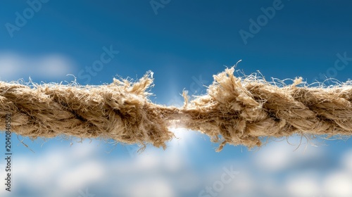 A frayed, breaking rope, threads splayed against a bright, cloudy sky