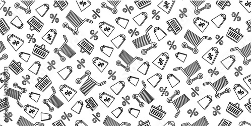 Seamless pattern with shopping bag, shopping cart shopping basket and percent. Shopping themed seamless pattern background in doodle style. Shopping themed doodle pattern design vector.