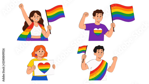 Cartoon people holding rainbow flags and pride signs set