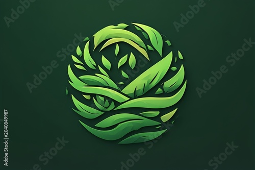 Circular Green Leaves Graphic Concept Logo Design on Dark Green Background