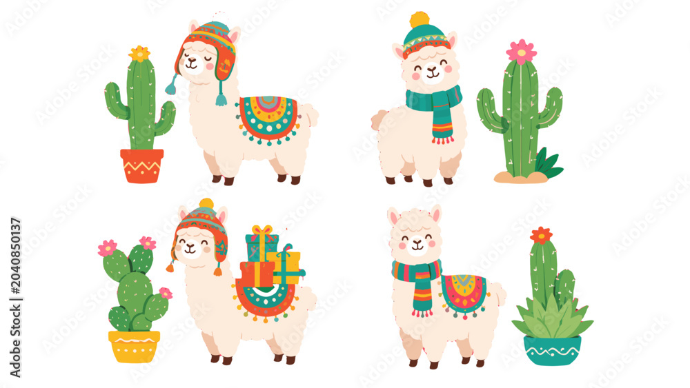 Fototapeta premium Cute llama characters with cacti in colorful cartoon set