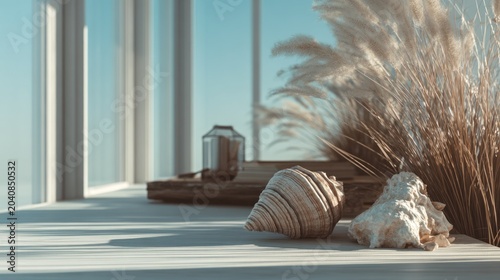 Serene coastal scene with seashells, pampas grass, and natural light illuminating tranquil interior