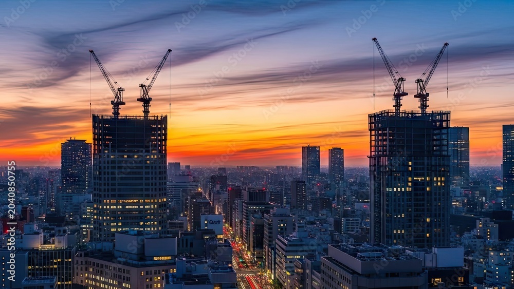 Obraz premium Skyscrapers under construction at sunset in a modern city skyline