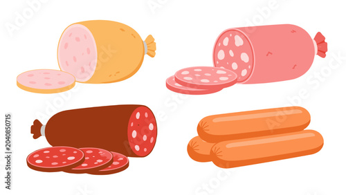 Bild auf Leinwand Cartoon assortment of sausage and salami meat products