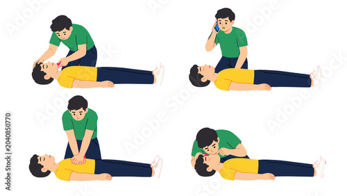First aid emergency response steps with CPR vector illustration