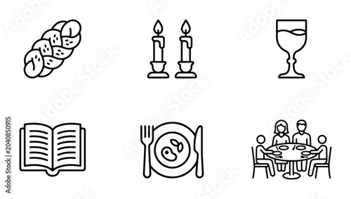 Bild auf Leinwand Jewish Holiday Icons: Challah Bread, Shabbat Candles, Wine Glass, Torah, Dinner