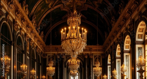 Opulent golden chandelier in a grand palace hall, baroque style, luxurious interior, candlelight glow  - Royal Grandeur.