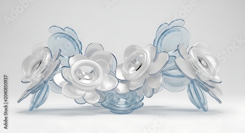 Abstract translucent floral arrangement delicate glass-like petals in white and blue modern decorative element for design and decor isolated on a clean background