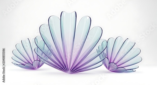 Three translucent iridescent seashell shapes in pastel purple and blue abstract decorative elements for summer or ocean themes isolated on white