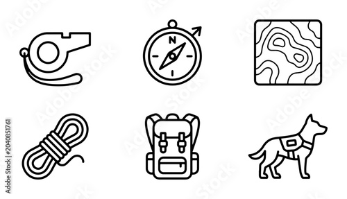 Foto Outdoor Adventure Icons: Compass, Backpack, Whistle, Rope, Topography Map, Searc