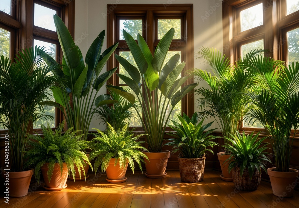 Fototapeta premium Indoor plants in terracotta pots, sunlit room, wooden floor, lush greenery, home decor, tranquility.
