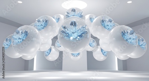 Abstract cluster of translucent spheres with blue crystalline structures inside suspended in a minimalist white futuristic interior representing science and innovation