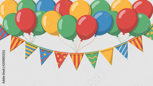 Colorful balloons and festive bunting flags creating a celebratory party atmosphere