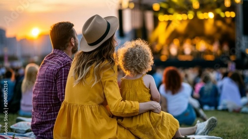 Happy Parents Watching Child Enjoy Live Orchestra Concert During Sunset at Outdoor Event