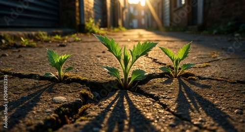 Green plant pushing through cracked pavement, urban resilience, hopeful growth, sunlight, determination, perseverance, new beginnings.