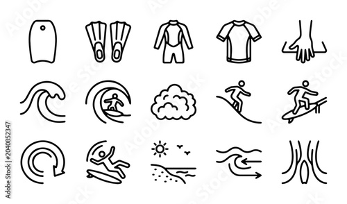 Bild auf Leinwand Surfing Icons Set: Waves, Boards, Suits, Beach, Skater, Action - Vector Graphics