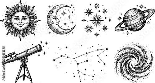 celestial engravings collection featuring sun, moon, and planets
