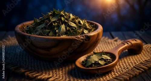Dried Birch Leaves in Wooden Bowl, Rustic Sauna Ritual, Traditional Wellness Concept