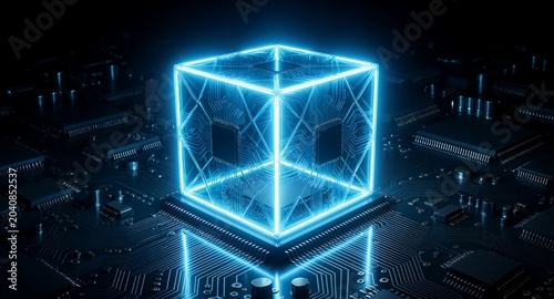Glowing digital cube on circuit board, futuristic technology, data visualization, blockchain concept.