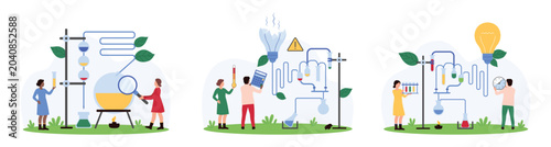 Success and failure of science experiment, results analysis set. Tiny people study chemical liquid in flask with magnifying glass, connect broken and bright bulb to pipe cartoon vector illustration