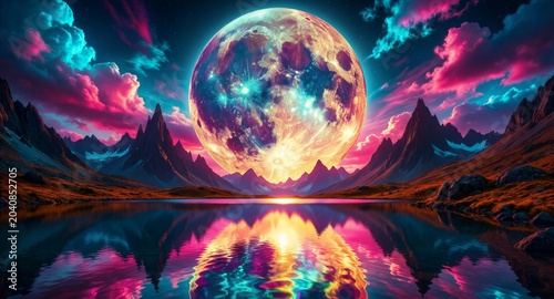 Giant rainbow moon over mountains reflecting in a cosmic lake, surreal fantasy landscape.