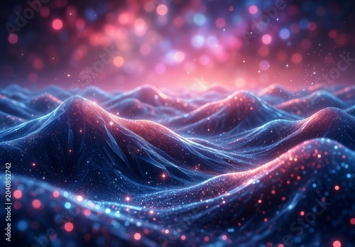 Abstract glowing landscape, cosmic energy waves, blue and pink nebula, futuristic terrain, sparkling stardust, digital art, ethereal dreamscape.