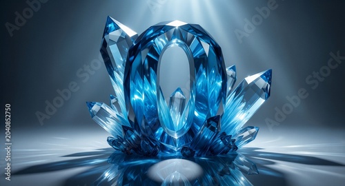 Blue Crystal Letter O, Abstract Geometric Design, Ice Formation, Futuristic, Reflective, Corporate Concept