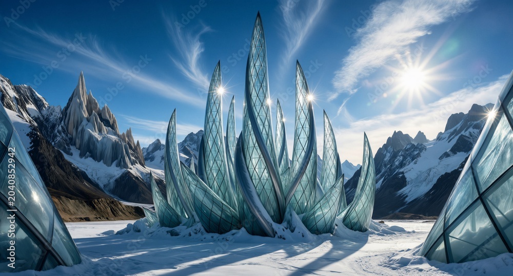 Fototapeta Futuristic glass sculpture amidst snowy mountains, glacier backdrop, bright sunlight reflections, architectural wonder, sustainable design concept.