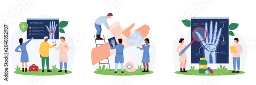 Diagnosis of bone and joint disease, trauma set. Tiny people study xrays to diagnose fracture or bruise, osteoarthritis or rheumatoid arthritis, osteoporosis in patient cartoon vector illustration