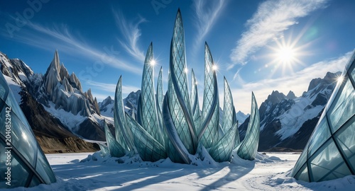 Futuristic glass sculpture amidst snowy mountains, glacier backdrop, bright sunlight reflections, architectural wonder, sustainable design concept.