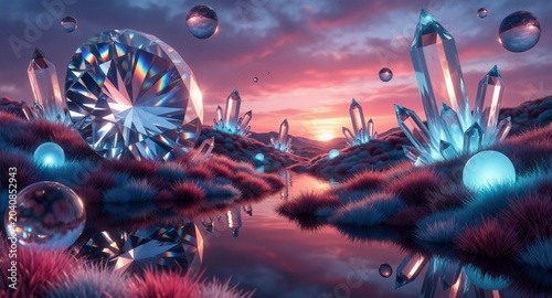Crystalline landscape with reflective water, glowing crystals, surreal sunset, otherworldly vista  - Dreamscape.
