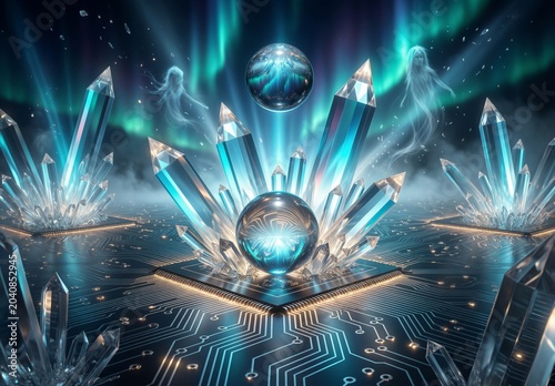 Futuristic crystal globe levitates above circuit board, ethereal figures, aurora borealis, digital landscape  - Technological Ascension.