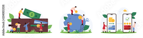 Payment, savings, money transaction set. Tiny people throw coins into piggy bank, take out or put bills in big wallet, transfer money between bank accounts, credit cards cartoon vector illustration