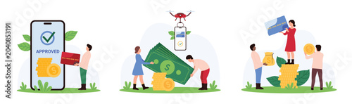 Loan approval, instant payment online and cashless transaction, fintech set. Tiny people pay from credit score, request fee and approve remittance in bank account cartoon vector illustration