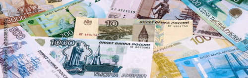 Foto Russian ruble money bills pile on table