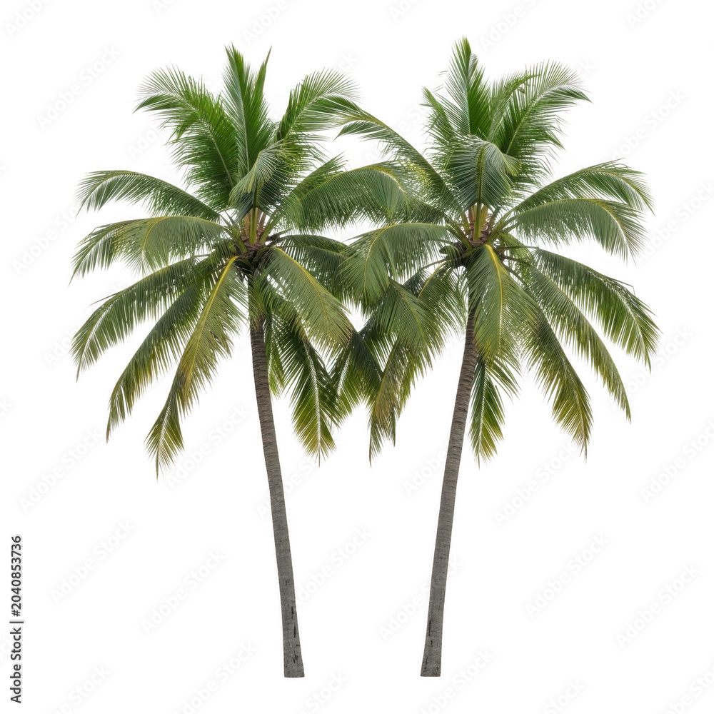 Fototapeta premium Two tall palm trees standing on white background