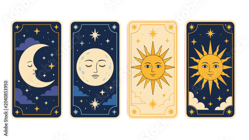 Slika na platnu Set of celestial tarot cards with sun and moon illustrations
