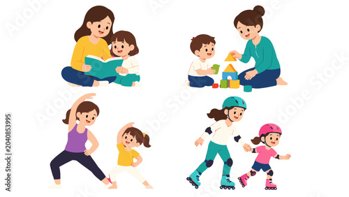 Mothers and children doing reading, play, exercise and skating