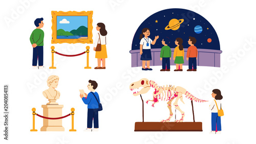 Εκτύπωση καμβά Museum and planetarium visitors viewing exhibits in flat vector style