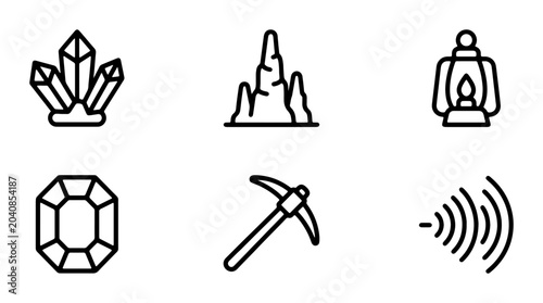 Photos Mining Icons Set: Crystals, Gemstone, Pickaxe, Lantern, Stalactites, Signal