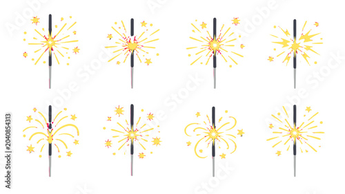Set of sparkler firework effects with golden star bursts
