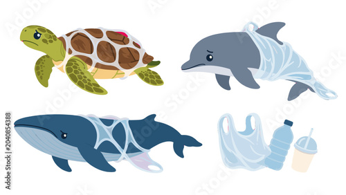 Photos Marine animals trapped in plastic waste vector illustration